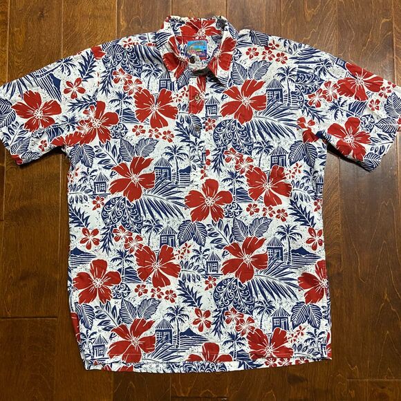 Reyn Spooner x Joe Kealoha Vintage Hawaiian Tropical Polo Shirt Red White Blue L - Picture 3 of 7